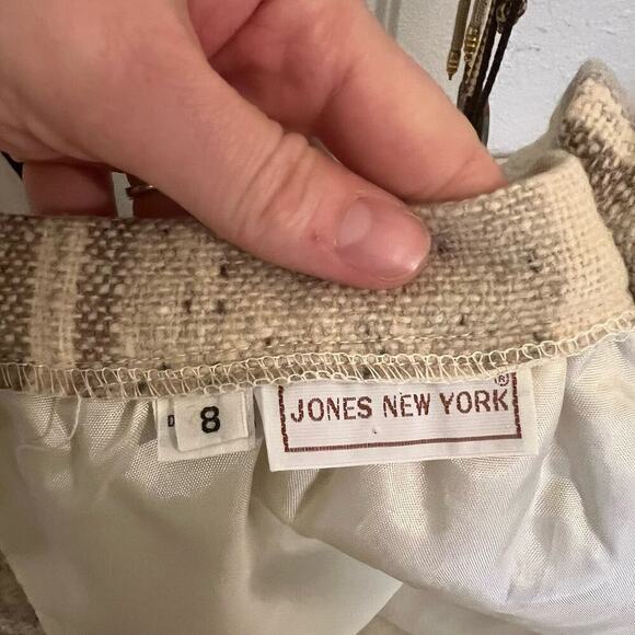 Vintage 90s Jones New York Cream Neutral Wool Plaid Print Wrap Mini Skirt - Picture 5 of 14